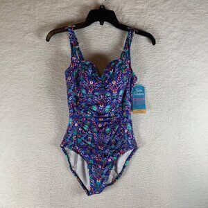 Swim Solutions Navy Multi Tummy-Control Shirred One-Piece Swimsuit Sz 8 NWT 9401